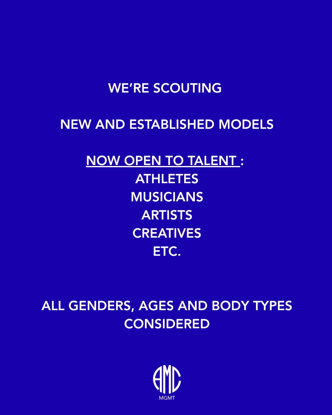 WE’RE SCOUTING NEW + ESTABLISHED MODELS

NOW OPEN TO WORLDWIDE TALENT AS WELL

SWIPE FOR DETAILS 

MGMT@AMCCASTING.COM

#amcmgmt #motheragency
