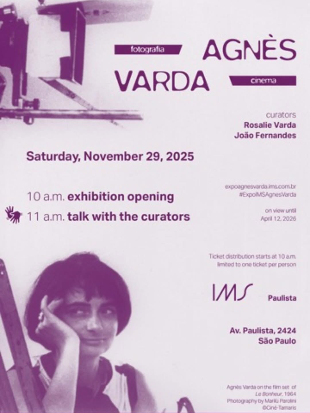 Opening of the exhibition Photography Agnès Varda Cinema this evening at @ims.paulista @imoreirasalles More than 200 previously unseen photographs by the artist connected to her film work.  Scanning, restoration, and printing of the prints by @granondigital  Curators : João Fernandes and @rosalievarda  Assistant curator : Horrana de Kássia Santoz  @institutphoto @galerieobadia