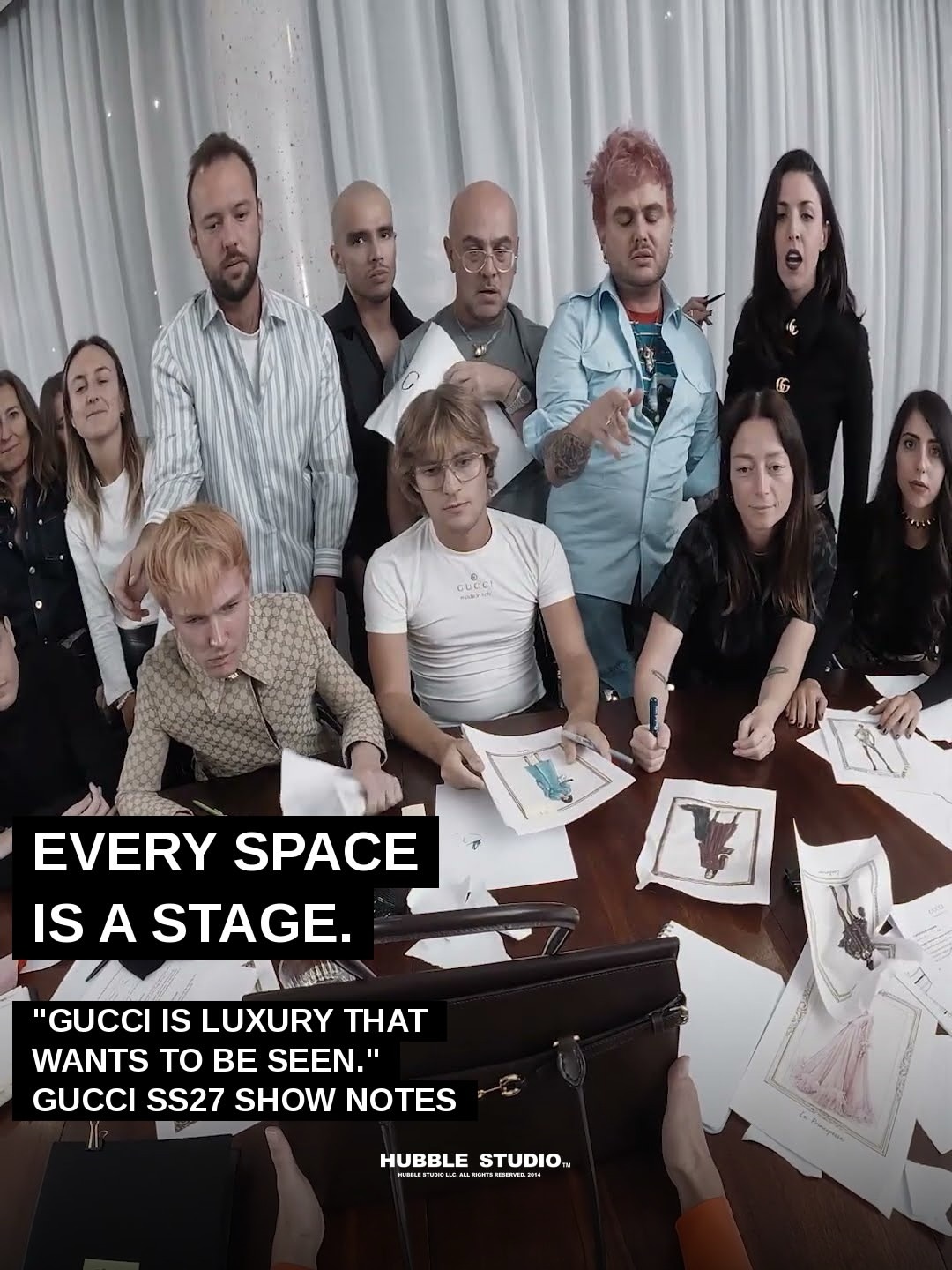 The store is the set.
For his second Gucci show, Demna didn’t build a runway. He built a boutique.
Models walked in as customers. A street entrance switched between rain and sun. Mirrors, bossa nova, oversized horsebits, big furs, rugby polos.
The Milanese sciura. The tanned playboy. The bombshell.
“Gucci is luxury that wants to be seen.”
The most talked-about set of the week was a shop floor. Every space can be a stage.
#Gucci #Demna #SS27 #MilanFashionWeek #HubbleStudio