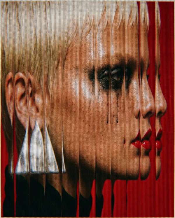 Scarlet lips, fractured reflections. Glamou...
