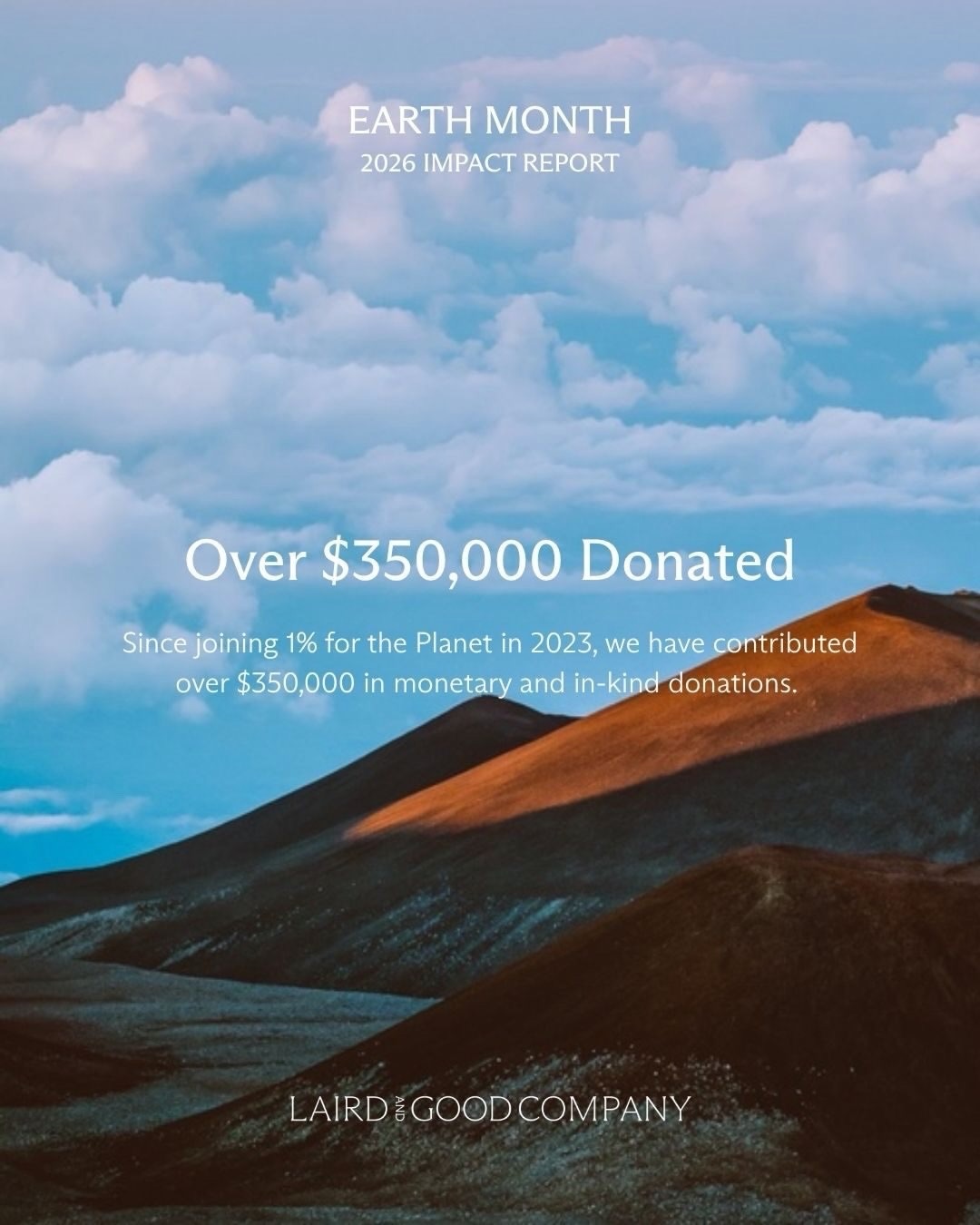 In spirit of Earth Month, we’re pleased to share our 2026 Impact Report, a reflection of what’s been made possible through the collective efforts of our artists, clients, and team.

Together, we’ve continued to build toward meaningful, measurable change:

 • Over $350k donated
 • 240+ clients engaged in collective impact
 • 210k+ trees planted
 • 5 campaigns connecting artists with causes they care about
 • Hosted sessions in NYC with the 1% for the Planet community

Each of these initiatives reflects our belief that creative collaboration can drive tangible progress. We’re grateful to our artists, collaborators, clients, and community. You make this work, and its impact, possible.

#LairdandGoodCompany #EarthMonth #OnePercentFTP #Impact #RealChange