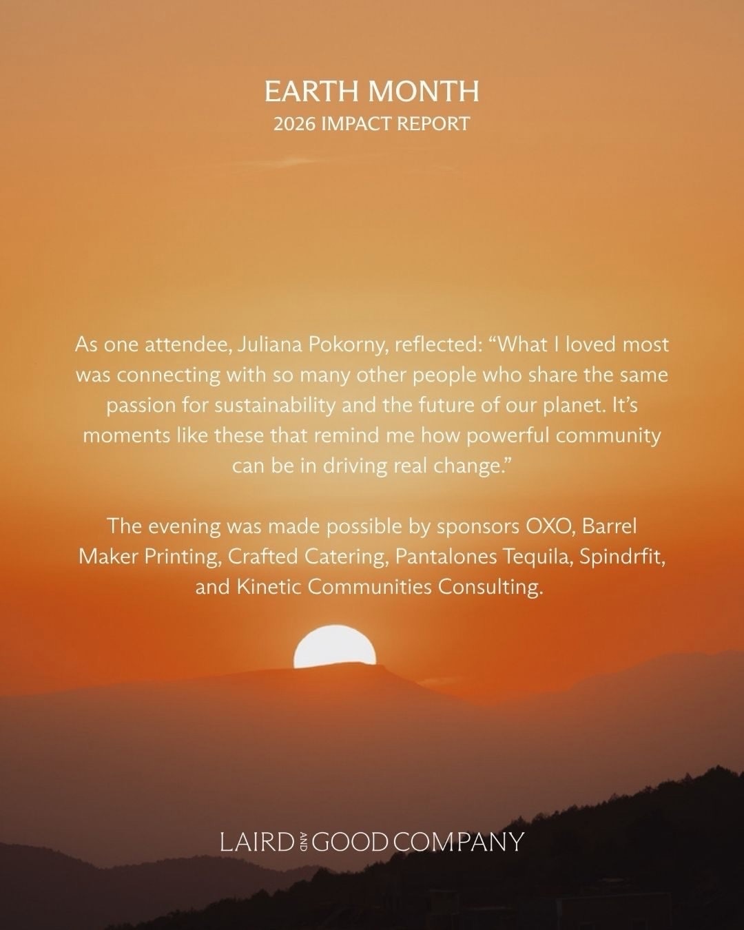 In spirit of Earth Month, we’re pleased to share our 2026 Impact Report, a reflection of what’s been made possible through the collective efforts of our artists, clients, and team.

Together, we’ve continued to build toward meaningful, measurable change:

 • Over $350k donated
 • 240+ clients engaged in collective impact
 • 210k+ trees planted
 • 5 campaigns connecting artists with causes they care about
 • Hosted sessions in NYC with the 1% for the Planet community

Each of these initiatives reflects our belief that creative collaboration can drive tangible progress. We’re grateful to our artists, collaborators, clients, and community. You make this work, and its impact, possible.

#LairdandGoodCompany #EarthMonth #OnePercentFTP #Impact #RealChange