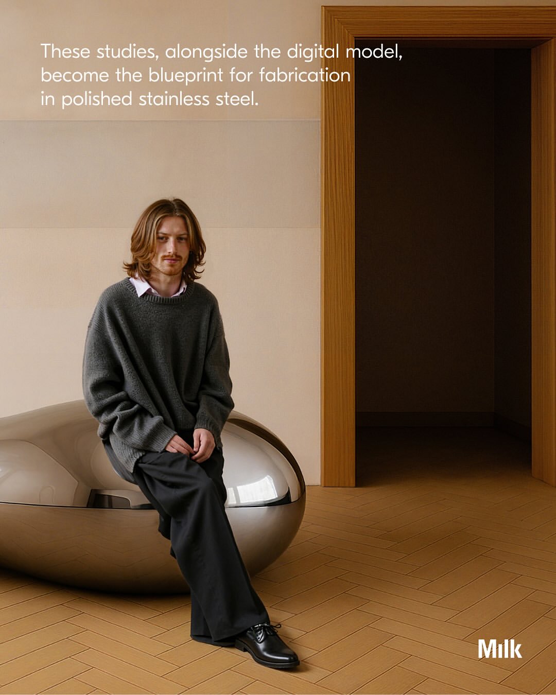 Artist Spotlight: @paddypikestudio ‘s Arnardo Collection emerges from lumps of virtual clay, distorted and molded into creature like silhouettes that foreground how emergent technologies are reshaping the sculptural language of contemporary furniture. Named after an anagram of Ron Arad, the series echoes Arad’s playful manipulation of industrial steel while bringing its explorations into the meta realm.

Beginning in VR, Pike maneuvers around the forms as if they were physical, then creating visualizations through 3D rendering, AI image generation, and Photoshop. The resulting digital studies become the blueprint for fabricating polished stainless steel.

“The lamp with its twin giraffe-like necks, the desk standing solid on elephantine bases, the cabinet short and round like a resting hippo – The Arnardo Collection has given me the confidence to work with stainless steel in a way that challenges both myself and the material. I enjoy being pushed out of my comfort zone, but I also like to push the material beyond its own conventions, asking it to be fluid, playful, and alive.”