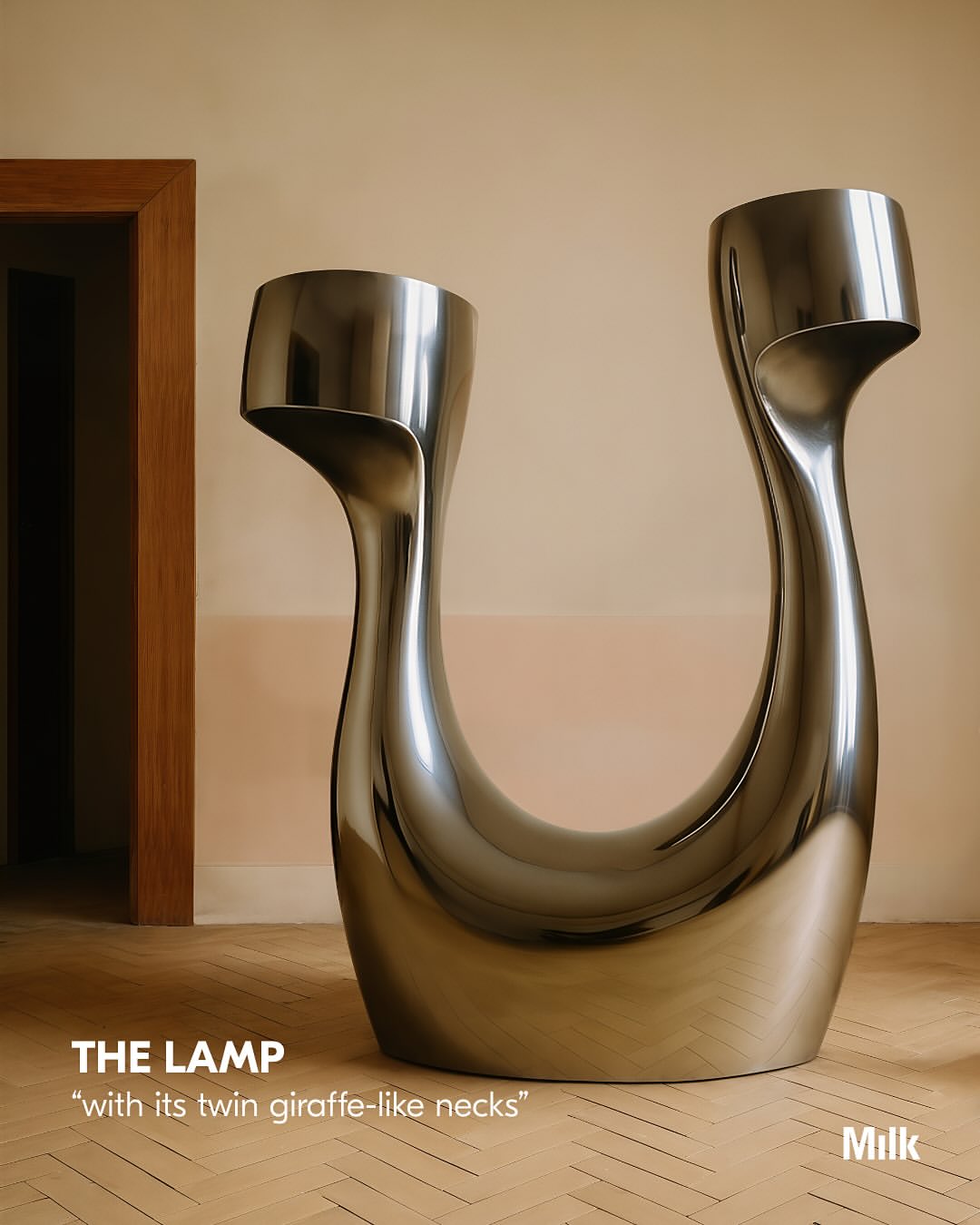 Artist Spotlight: @paddypikestudio ‘s Arnardo Collection emerges from lumps of virtual clay, distorted and molded into creature like silhouettes that foreground how emergent technologies are reshaping the sculptural language of contemporary furniture. Named after an anagram of Ron Arad, the series echoes Arad’s playful manipulation of industrial steel while bringing its explorations into the meta realm.

Beginning in VR, Pike maneuvers around the forms as if they were physical, then creating visualizations through 3D rendering, AI image generation, and Photoshop. The resulting digital studies become the blueprint for fabricating polished stainless steel.

“The lamp with its twin giraffe-like necks, the desk standing solid on elephantine bases, the cabinet short and round like a resting hippo – The Arnardo Collection has given me the confidence to work with stainless steel in a way that challenges both myself and the material. I enjoy being pushed out of my comfort zone, but I also like to push the material beyond its own conventions, asking it to be fluid, playful, and alive.”