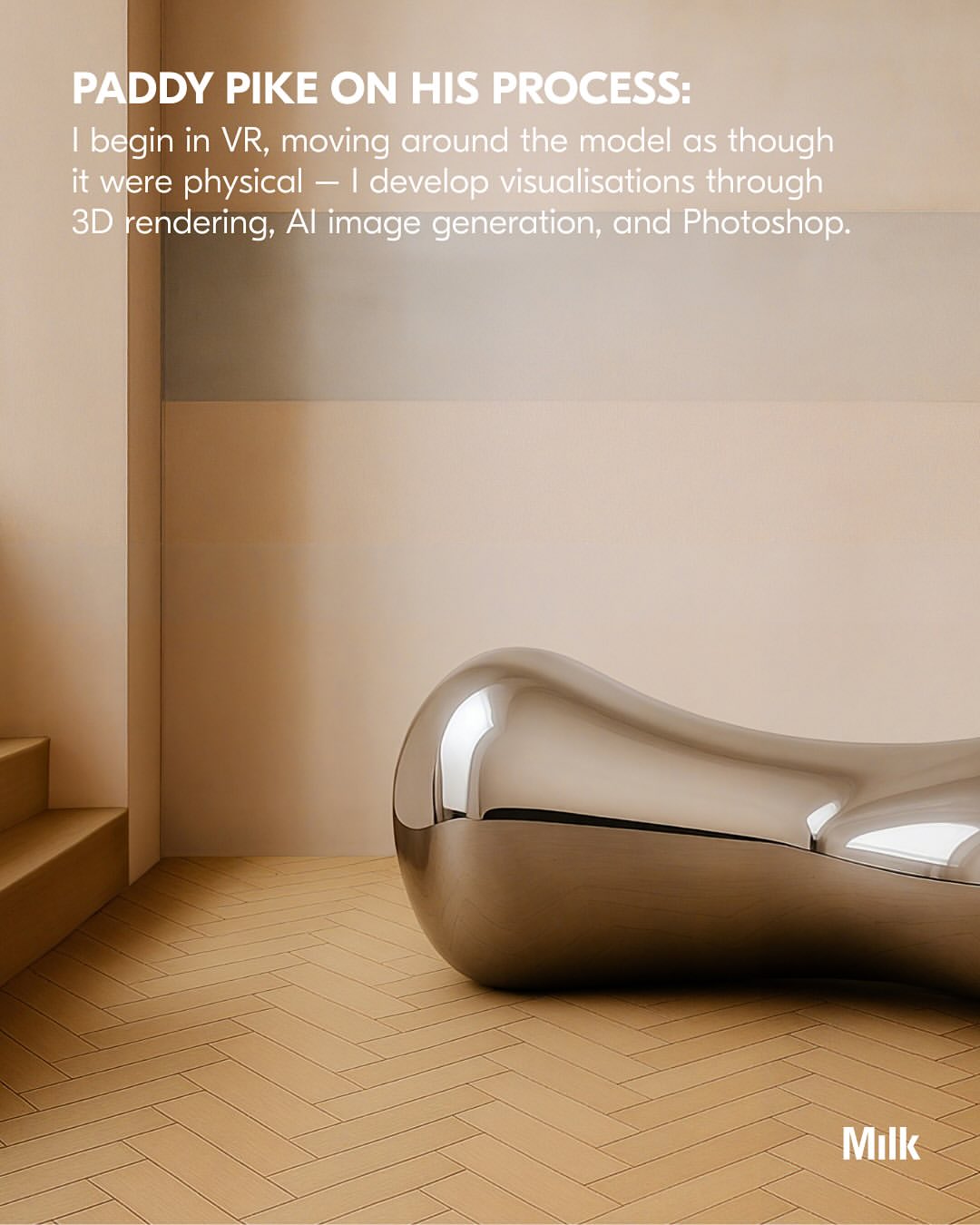 Artist Spotlight: @paddypikestudio ‘s Arnardo Collection emerges from lumps of virtual clay, distorted and molded into creature like silhouettes that foreground how emergent technologies are reshaping the sculptural language of contemporary furniture. Named after an anagram of Ron Arad, the series echoes Arad’s playful manipulation of industrial steel while bringing its explorations into the meta realm.

Beginning in VR, Pike maneuvers around the forms as if they were physical, then creating visualizations through 3D rendering, AI image generation, and Photoshop. The resulting digital studies become the blueprint for fabricating polished stainless steel.

“The lamp with its twin giraffe-like necks, the desk standing solid on elephantine bases, the cabinet short and round like a resting hippo – The Arnardo Collection has given me the confidence to work with stainless steel in a way that challenges both myself and the material. I enjoy being pushed out of my comfort zone, but I also like to push the material beyond its own conventions, asking it to be fluid, playful, and alive.”