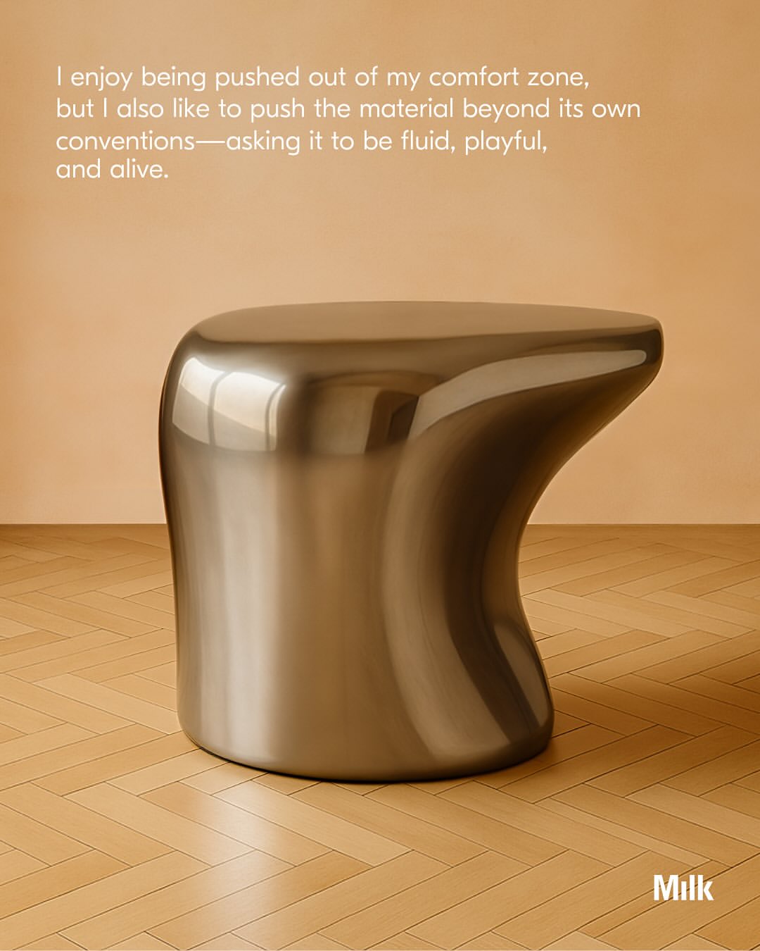 Artist Spotlight: @paddypikestudio ‘s Arnardo Collection emerges from lumps of virtual clay, distorted and molded into creature like silhouettes that foreground how emergent technologies are reshaping the sculptural language of contemporary furniture. Named after an anagram of Ron Arad, the series echoes Arad’s playful manipulation of industrial steel while bringing its explorations into the meta realm.

Beginning in VR, Pike maneuvers around the forms as if they were physical, then creating visualizations through 3D rendering, AI image generation, and Photoshop. The resulting digital studies become the blueprint for fabricating polished stainless steel.

“The lamp with its twin giraffe-like necks, the desk standing solid on elephantine bases, the cabinet short and round like a resting hippo – The Arnardo Collection has given me the confidence to work with stainless steel in a way that challenges both myself and the material. I enjoy being pushed out of my comfort zone, but I also like to push the material beyond its own conventions, asking it to be fluid, playful, and alive.”