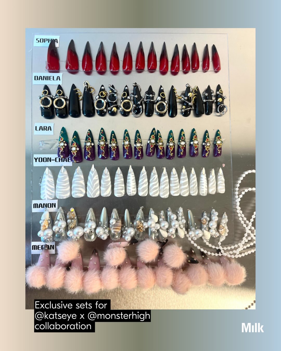 Artist Spotlight: With more than two decades of experience in designing nails, NY based artist @naominailsnyc has become one of pop culture’s most influential creatives. Never one to follow trends, Naomi Yasuda has long been driven by her desire to explore new mediums, pushing the boundaries of form and material, shaping the mood-board of countless future references.

Naomi’s touch appears everywhere, from runway moments with Luar, to exclusive sets for girl group Katseye and their collaboration with Monster High, to cover shoots featuring icons like Julia Fox and Alex Consani. A celebration of intentionality, she showcases the marvel that emerges from thoughtfulness in detail.