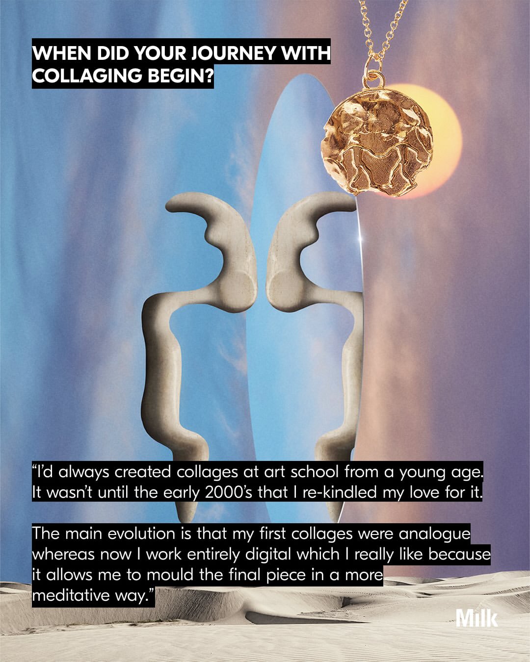 To encounter the work of Mat Maitland is to witness what it means to transcend visual mediums, where digital image-making meets nostalgic references to Surrealism and Pop Art.

Across decades, Maitland has shaped imagery for some of culture’s most enduring figures and publications: from creating the album cover for Michael Jackson’s ‘Xscape’ and Kali Uchis ‘Orquídeas’, to expansive pop-art collages that have lived across the pages of various magazines including @kingkongmagazine @vmagazine and @documentjournal. His work has bled influence on how we consume fashion, music, and pop culture, constructing worlds where high and low culture sit effortlessly side by side.

Guided by intuition over trend, Maitland’s making process allow images to unfold slowly, giving room for accidents with measured restraint.

Some of these works came together for his recent debut solo book, Collages for Magazines, a collection of his most striking collages from the past 15 years.

Credits: 

Slide - 1 @matmaitland for @kingkongmagazine ‘Late Night Show’

Slide - 2 Self portrait by @matmaitland

Slide - 3 @alighieri_jewellery Zodiacs - Gemini

Slide - 4 @matmaitland for @cloakroommagazine Spot The Difference

Slide - 5 @matmaitland for @pleasemagazine

Slide - 6 Michael Jackson ‘Xscape’ Album cover

Slide - 7 Development image for the book ‘Far Above The World - The Time and Space of David Bowie’ by Paul Morley

Slide - 8 Document Magazine: Collage @matmaitland Photography @mariosorrenti Styling and Creative Direction @smrichardson1 

Slide - 9 Kali Uchis ‘Orchídeas’ Album cover: Creative Direction @kaliuchis Photography @danielsannwald Collage and design @matmaitland