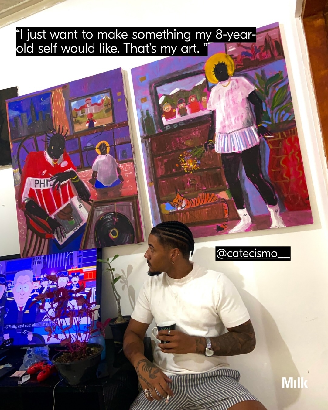 Artist Spotlight: For Alison Rodrigues (@catecismo__ ), painting begins with a simple instinct: to create something his 8-year-old self would have loved.

Having started drawing as a child, inspired by cartoons on TV and comic books, Rodrigues’s practice carries that same desire to build worlds of his own. An expert at juxtaposing chroma and figure,  he often draws from urban landscapes tied to his Afro-Brazilian heritage.