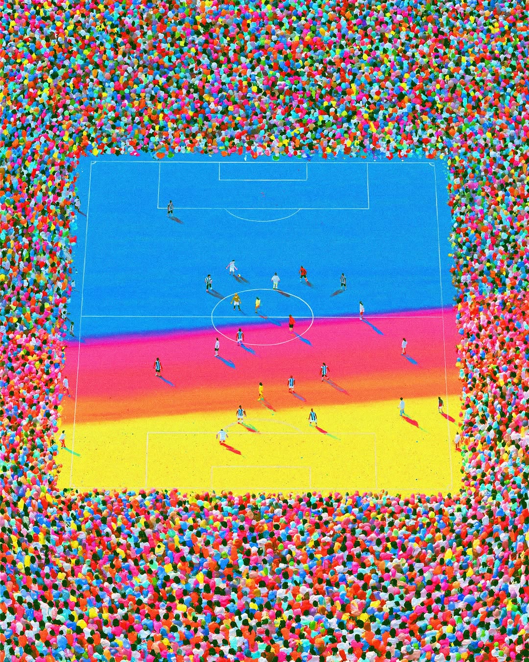 Through the line of tension felt amongst viewers dialing into the World Cup, there bleeds an overwhelming sense of joy. Whether on opposing ends of the field, connection is threaded through a celebration of culture, of people, of community. Brazilian artist, designer, and illustrator Rafaela Mascaro (@rafaelamascaro) looks to capture a fragment of the colorful blend of emotions and energy that rises when we all gather.

“This series was inspired by my lifelong passion for soccer and the memories of watching matches with my father while growing up in São Paulo, Brazil. Our shared love for the Sport Club Corinthians Paulista team became a way of connecting, and these works celebrate the joy, community, and emotions that make soccer such a universal language.”