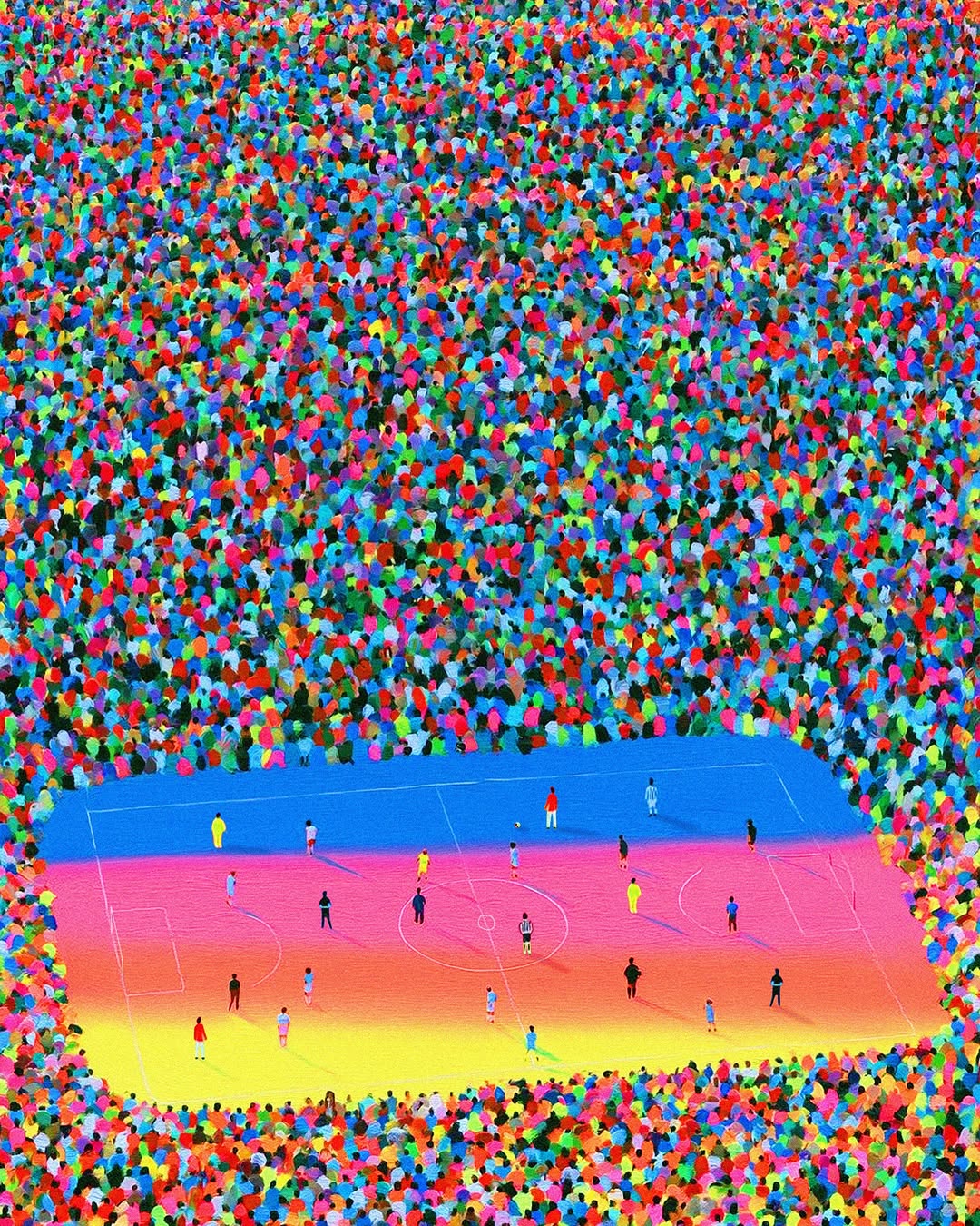 Through the line of tension felt amongst viewers dialing into the World Cup, there bleeds an overwhelming sense of joy. Whether on opposing ends of the field, connection is threaded through a celebration of culture, of people, of community. Brazilian artist, designer, and illustrator Rafaela Mascaro (@rafaelamascaro) looks to capture a fragment of the colorful blend of emotions and energy that rises when we all gather.

“This series was inspired by my lifelong passion for soccer and the memories of watching matches with my father while growing up in São Paulo, Brazil. Our shared love for the Sport Club Corinthians Paulista team became a way of connecting, and these works celebrate the joy, community, and emotions that make soccer such a universal language.”