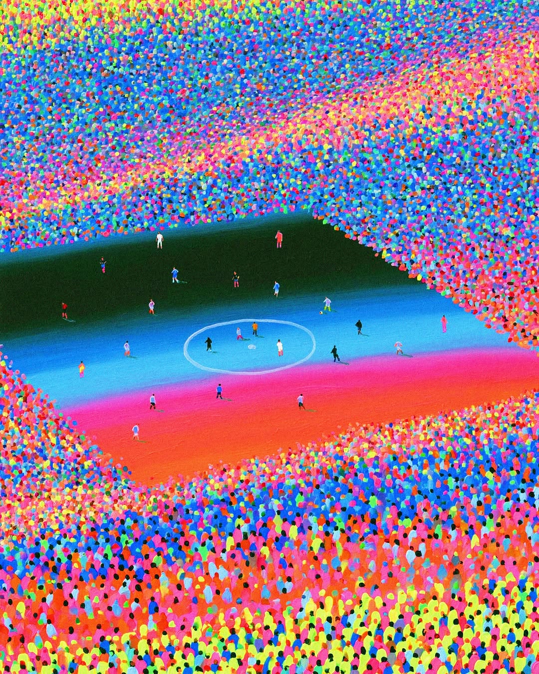 Through the line of tension felt amongst viewers dialing into the World Cup, there bleeds an overwhelming sense of joy. Whether on opposing ends of the field, connection is threaded through a celebration of culture, of people, of community. Brazilian artist, designer, and illustrator Rafaela Mascaro (@rafaelamascaro) looks to capture a fragment of the colorful blend of emotions and energy that rises when we all gather.

“This series was inspired by my lifelong passion for soccer and the memories of watching matches with my father while growing up in São Paulo, Brazil. Our shared love for the Sport Club Corinthians Paulista team became a way of connecting, and these works celebrate the joy, community, and emotions that make soccer such a universal language.”