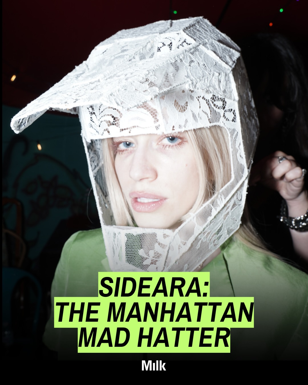 Artist Spotlight: Sideara St. Claire (@shopsideara), pictured on the cover, wears a dirtbike helmet she crafted entirely of lace and wire. This being Sideara’s first go at a new technique, the process took over 45 hours of wirework and hand sewing. Obsessed with the craft of experimentation, it seems as though anything can be turned into headwear under her meticulous hands.
Hatmaking, also known as millinery, found Sideara by accident. She woke up one day surrounded by hats she’d made, piled under her bed and hung across her walls. This led her to seek out specific knowledge and become engrossed with the dying art form, kept alive today by those willing to learn from the past.