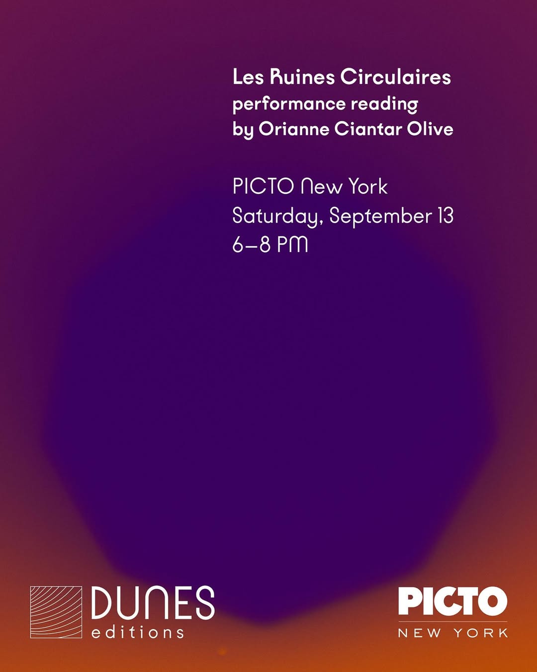 Dunes Editions is thrilled to be coming to New York for the very first time! ✨🌆🗽 Join us for the presentation of Les Ruines Circulaires by Orianne Ciantar Olive at Picto New York on Saturday, September 13, from 6 PM to 8 PM.
This bilingual photobook (French & English) intertwines poetry and experimental photography to explore cycles of violence, exile, and memory. Designed by Bureau Kayser, it features poems by the artist herself and a postface by Sabyl Ghoussoub.
During the evening, Orianne will perform a live reading of her poems—an intimate encounter with the powerful imagery of the book.

Save the date: 📍 Picto New York, 77 Washington Ave, Brooklyn 🗓️ Saturday, September 13 • 6–8 PM

We can’t wait to see you there and share this special moment with you!

———

@dunes.editions est excité de se rendre à New York pour la toute première fois ! ✨🌆🗽 Rejoignez-nous pour la présentation du livre Les Ruines Circulaires d’@orianne.ciantarolive à @pictonewyork, le samedi 13 septembre, de 18h à 20h.
Ce livre de photographie bilingue (français & anglais) entrelace poésie et expérimentation visuelle pour explorer les cycles de la violence, de l’exil et de la mémoire. Conçu par @bureaukayser, il rassemble les poèmes de l’artiste ainsi qu’une postface de @sabylghoussoub.
Au cours de la soirée, Orianne proposera une lecture performée de ses poèmes en parallèle d’une projection de ses images pour une rencontre intime avec la force des images du livre.
À noter dans vos agendas : 📍 Picto New York, 77 Washington Ave, Brooklyn 🗓️ Samedi 13 septembre • 18h–20h

Nous avons hâte de vous y retrouver et de partager ce moment unique avec vous !
