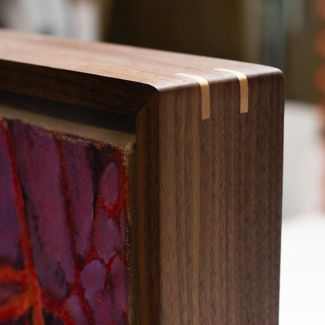 Our talented framing team created this custom natural walnut float frame with maple splines, rounded corners and a subtle oil finish for this lovely work by Sarah Piché @srahpich. 

With a wide selection of finishes and frame styles, and our own in-house framing studio, we will help you select a framing treatment that creates harmony with your art. Here; the choice of rich walnut frame engages the warm tones of the work, while the float mount allows for a clear view of the edges of this textured piece, engaging its depth.