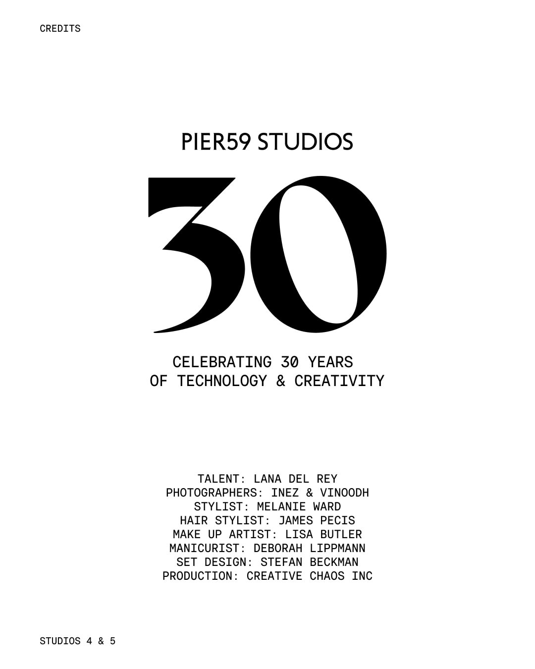 From our archive. One of many productions that shaped visual culture over the last three decades.⁠ ⁠
⁠
Lana Del Rey for H&M. Shot at PIER59 Studios in 2012.⁠ ⁠
⁠
Join us as we celebrate 30 years of creativity & technology.

Hair Stylist: Anna Cofone
Make Up Artist: Pamela Cochrane