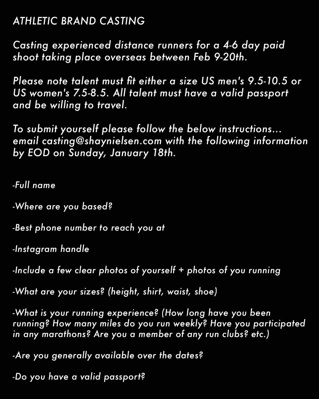 ATHLETIC BRAND CASTING! Casting experienced distan...