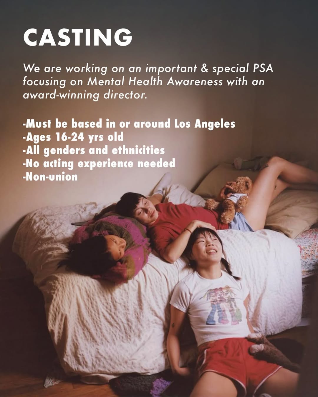 ✨CASTING LOS ANGELES✨ We are working on an important & special PSA focusing on Mental Health Awareness with an award-winning director. Looking for 6 talent between the ages of 16-24. Please see the second slide for submission details and send in all information by EOD Thursday!