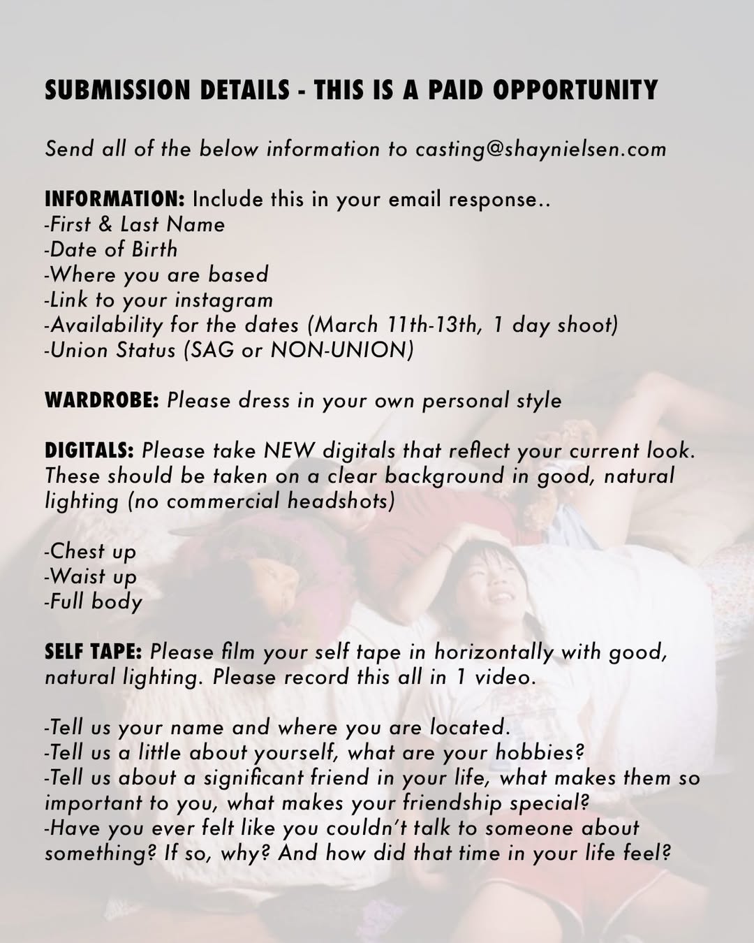✨CASTING LOS ANGELES✨ We are working on an important & special PSA focusing on Mental Health Awareness with an award-winning director. Looking for 6 talent between the ages of 16-24. Please see the second slide for submission details and send in all information by EOD Thursday!