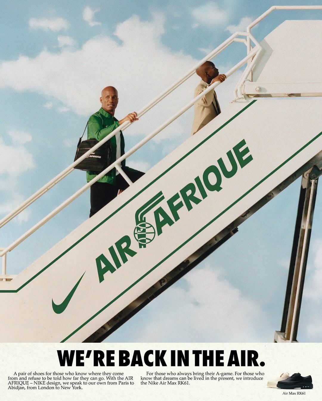 Air Afrique x Nike, the Air Max RK61

Nike and the Paris-based collective Air Afrique are turning heads with a new Air Max that bridges sneaker culture and the stories of African diasporas.
Over sixty years ago, Air Afrique was connecting the capitals of West Africa and opening pathways to Paris. Today, that pioneering spirit is reinterpreted, not in the skies, but through design: leather, air-cushioned soles, and a sneaker that carries history in every detail.
The Air Max RK61, born from the collaboration between Nike and the innovative Air Afrique collective founded in 2021, is a hybrid between a loafer and a sneaker. Its silhouette nods to 1990s Air Max models while echoing traditional footwear forms, offering both style and the comfort of Nike Air.
Building on last year’s Air Afrique Football Club campaign, the RK61 continues the partnership’s exploration of shared ideals, blending past and present in a single, iconic design.

Creative Direction @airafrique_ @nike @nikesportswear
Post House @sheriff.projects
#sheriffprojects