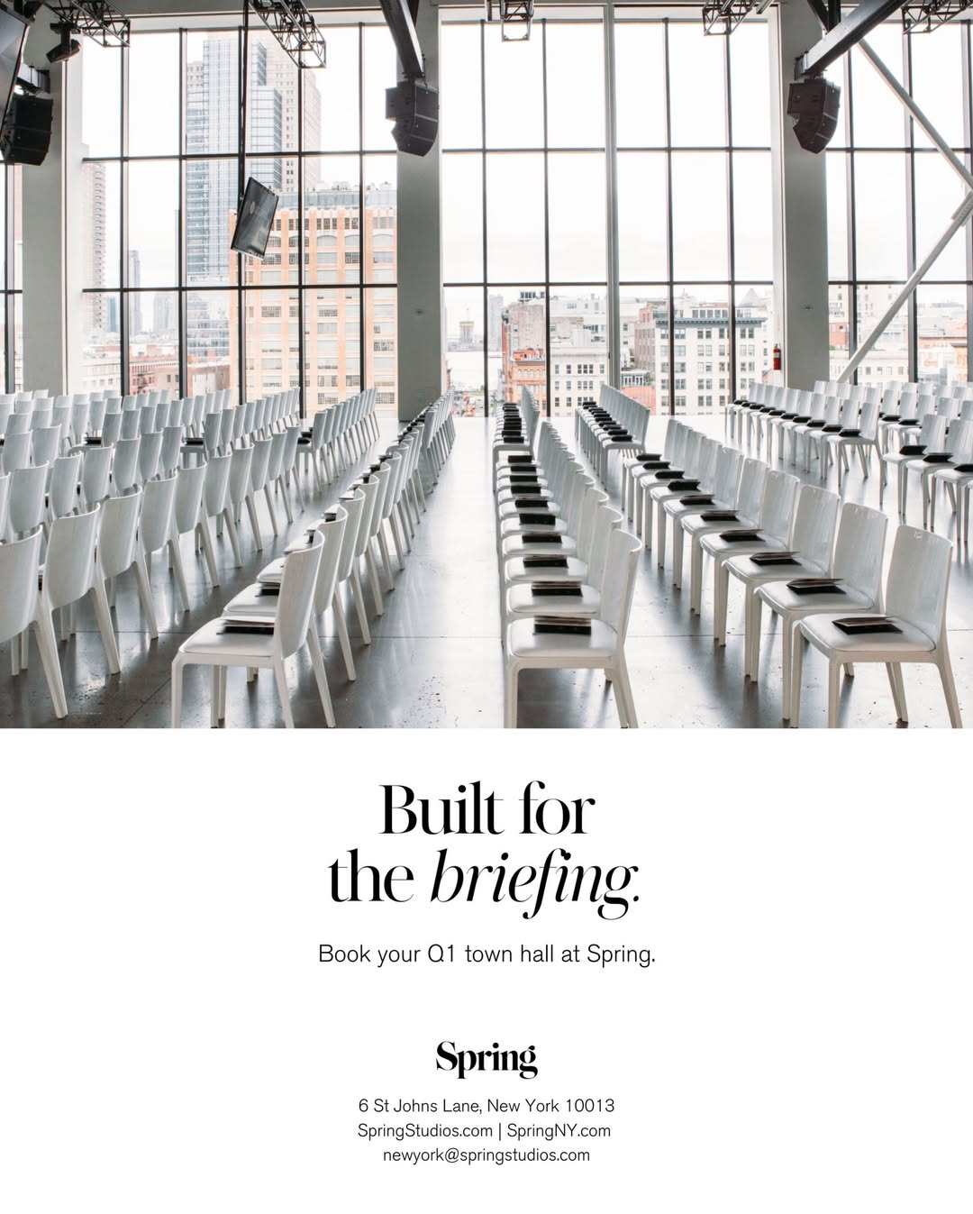 Kick-off the year like you mean it. Email our team at newyork@springstudios.com for Q1 Town Hall bookings. 

See all event spaces at springny.com